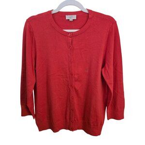 Loft NWT Tomato Red 3/4 Sleeve Crewneck Cotton Cardigan Sweater Size L